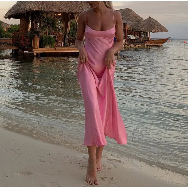 Women Camis Satin Long Dresses Elegant Sleeveless Slip Holiday Party Dresses Sexy Casual Backless Summer Dresses 