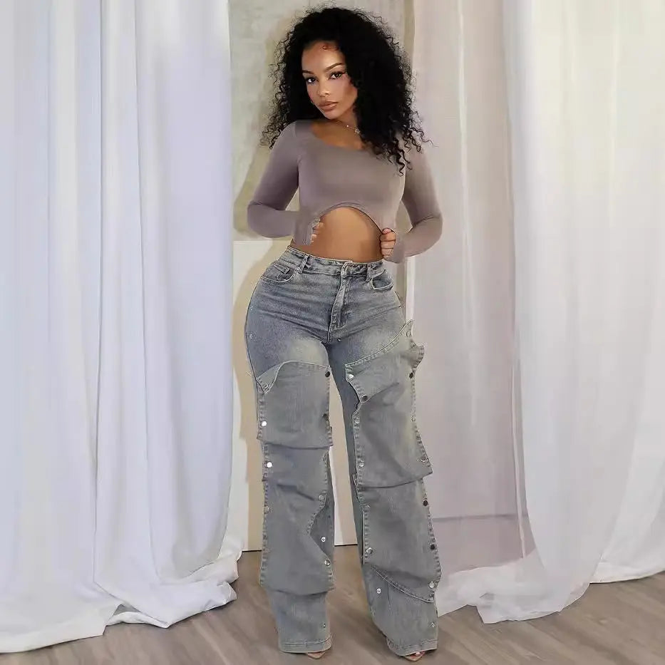 Women's Button High Waist Straight Jeans 