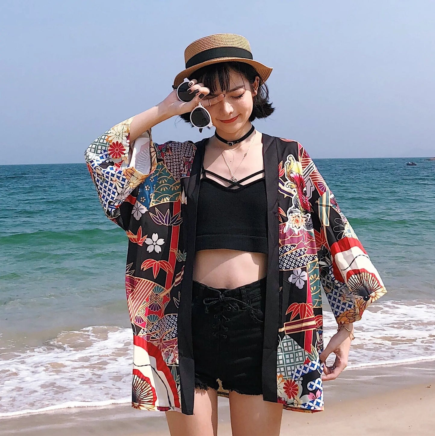 Loose Street Sun Protection Clothing Middle Sleeve Graffiti Kimono Travel Thin Coat 