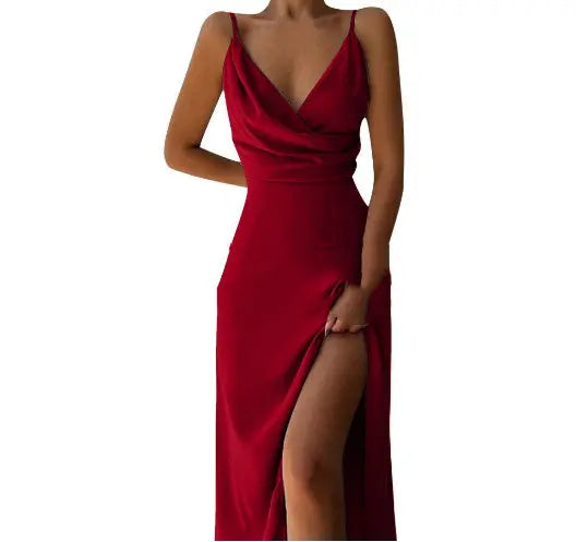 V-neck Slit Sling Dress Summer Fashion Sexy Slim Suspender Dresses For Women Clothing 