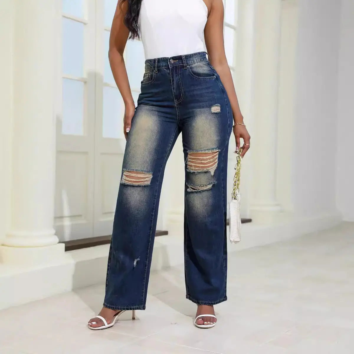 Fashion High Waist Ripped Jeans With Pockets Comfortable Slim Fit Trousers Straight Wide-leg Pants Womens Clothing 