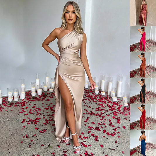 Sexy One-shoulder Backless Slit Dress Summer Elegant Slim-fit Solid Color Satin Dresses For Women 