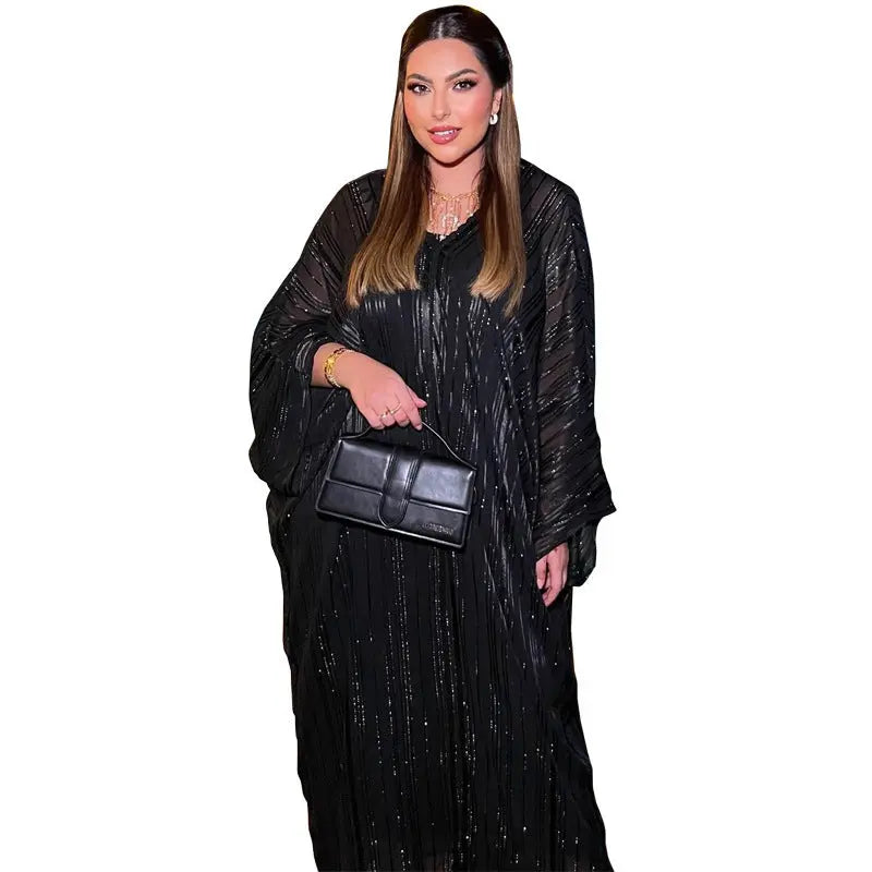 Muslim Abaya Fashion Dress Black Robe Shiny Figured Cloth Robe Two-piece Set 