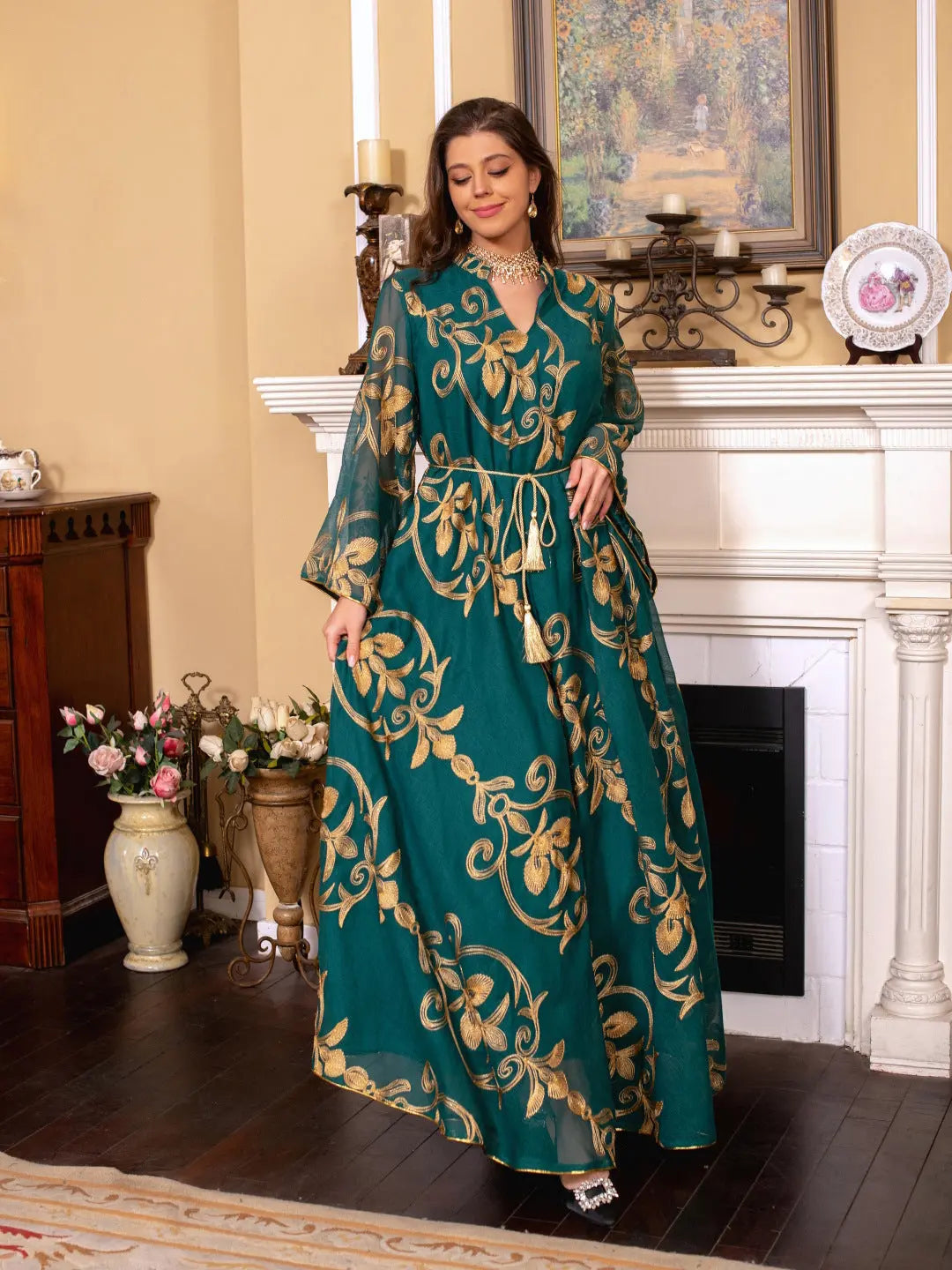 Arab Dubai Embroidered Mesh Dress European Muslim Party Dinner Fashion 