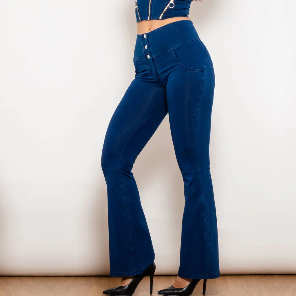 Shascullfites Melody Dark Blue Flared Lift Jeggings Button Up Jeans Bum Lift Jeans High Waist Flare Jeans Women 