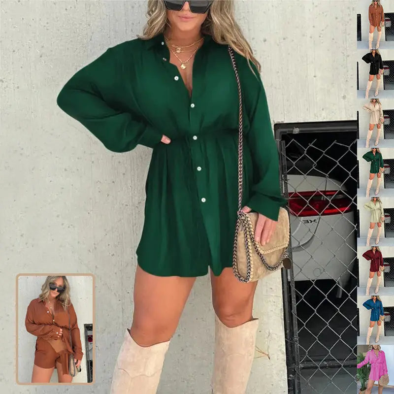 Women's Long Sleeve Jumpsuit With Button Fashion Shirt Dress 
