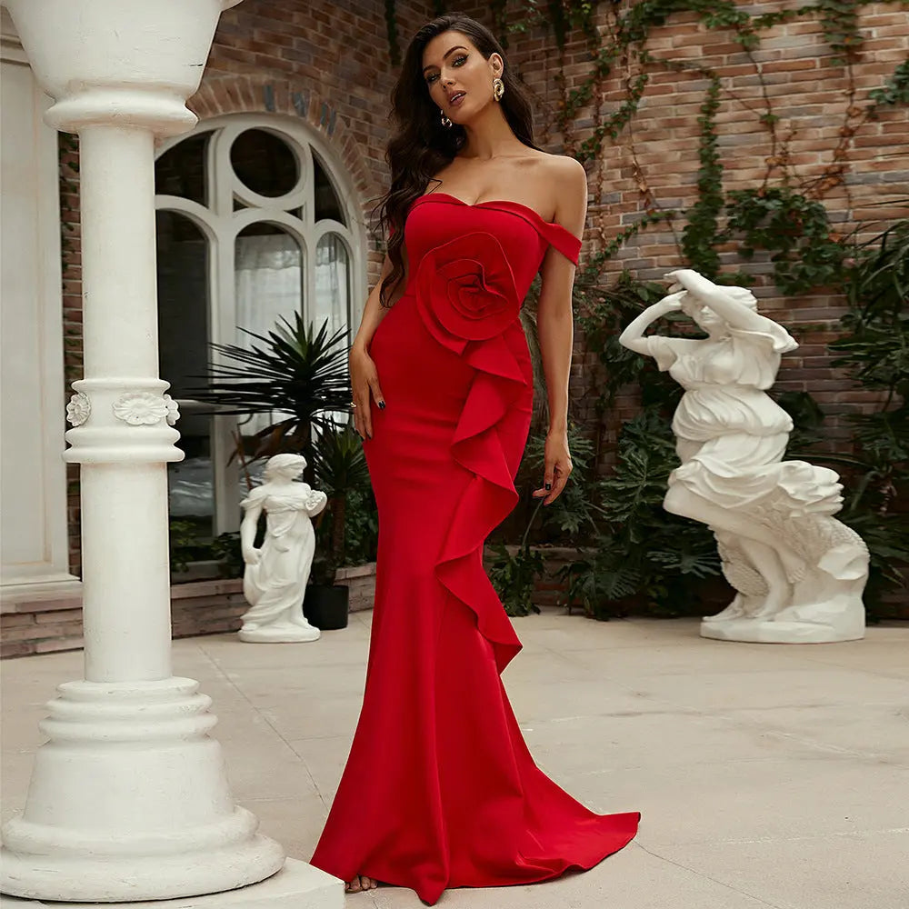 Off-neck Sleeveless Elegant Slim-fit Long Solid Color Banquet Dress 