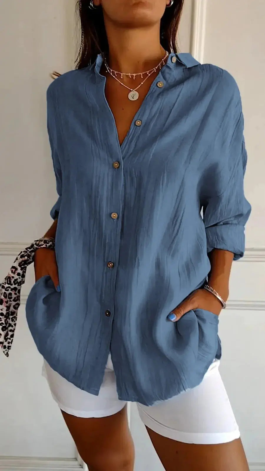 Lapel Long Sleeve Shirt Women's Single-breasted Pleated Shirt 
