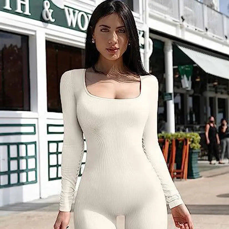 Women's Yoga Sports Fitness Jumpsuit Workout Long Sleeve Square Collar Clothing 