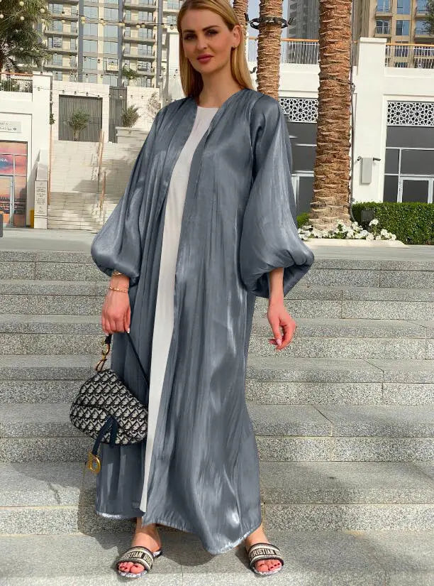 Eid Muslim Abaya Dress Kimono For Women Fashion Shining Silklike Summer Abayas Cardigan Puff Sleeve Dubai Turkey Clothes 