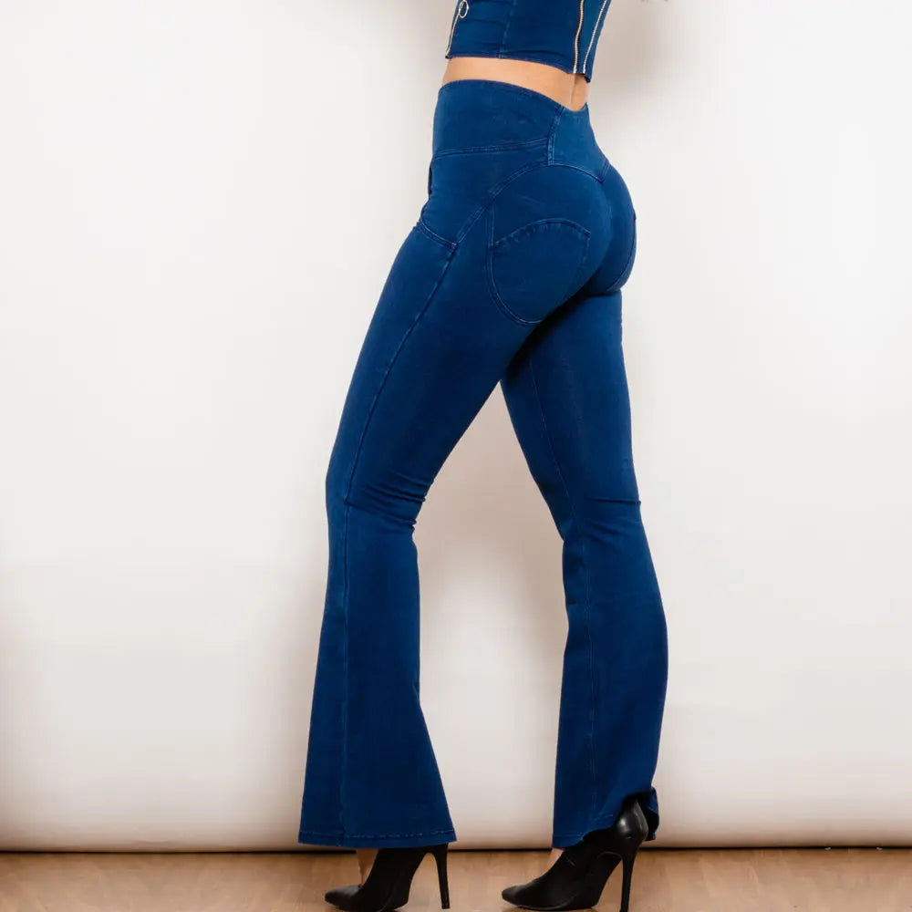Shascullfites Melody Dark Blue Flared Lift Jeggings Button Up Jeans Bum Lift Jeans High Waist Flare Jeans Women 
