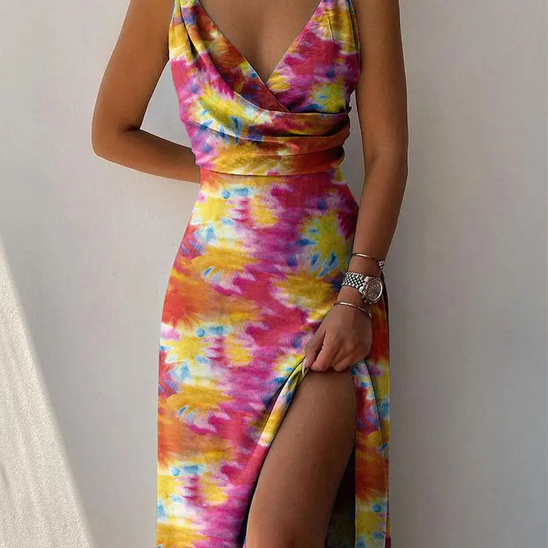 V-neck Slit Sling Dress Summer Fashion Sexy Slim Suspender Dresses For Women Clothing 