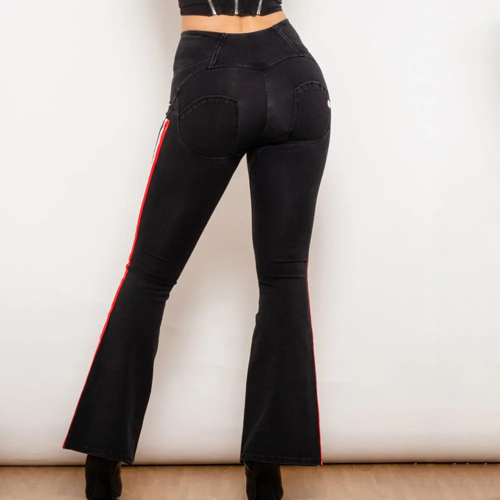 Shascullfites Melody Black Striped Flared Lift Jeggings Button Up Jeans Shaping Jeans Women High Waist Flare Jeans 