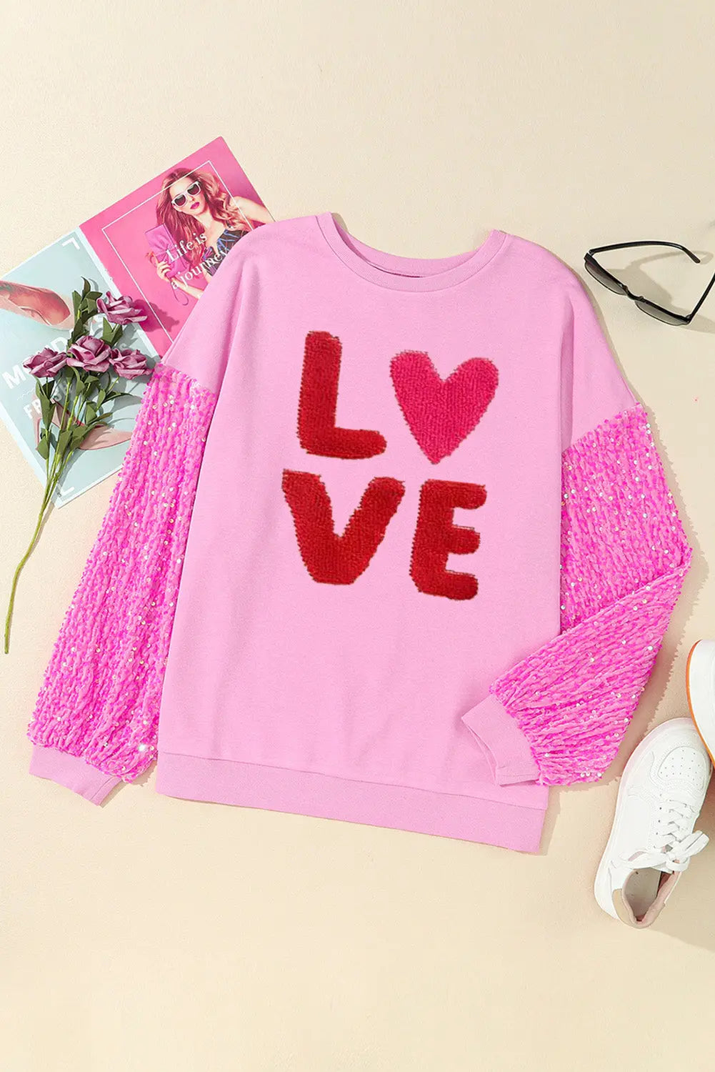 Pink Valentines LOVE Chenille Embroidered Sequin Sleeve Sweatshirt 