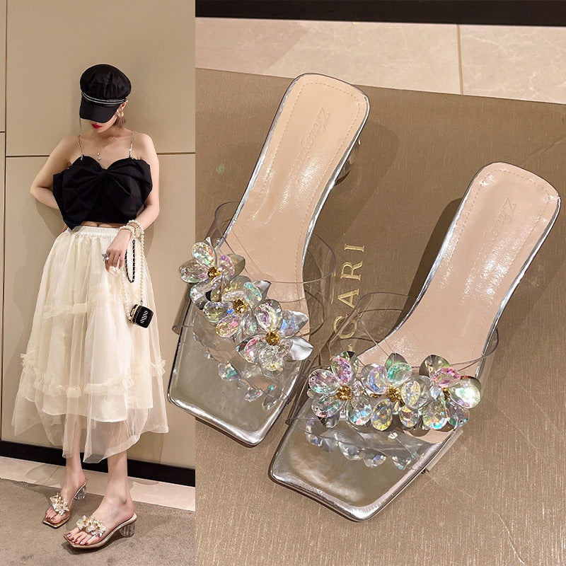 Flower Word Style Transparent Crystal Profiled High Heel Slippers