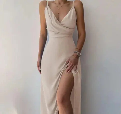 V-neck Slit Sling Dress Summer Fashion Sexy Slim Suspender Dresses For Women Clothing 