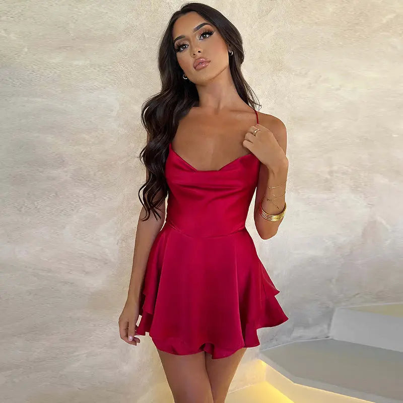 Sexy Suspender Skirt For Women Elegant Slim Strap Satin Backless Lace Up A-Line Short Dress Lady 