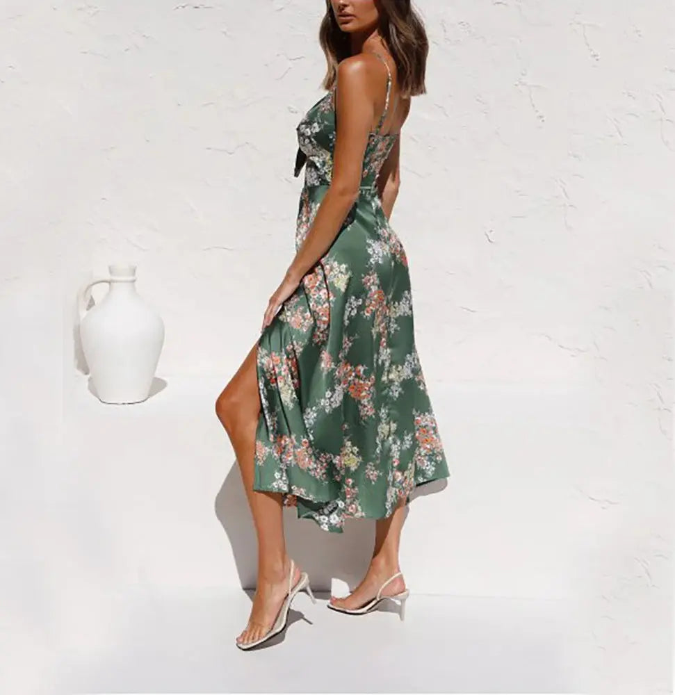 Flower Print Split Suspender Dress With Hollow Bowknot Design Ins Fashion Sleeveless Beach Dresses Summer Women's Clothing 
