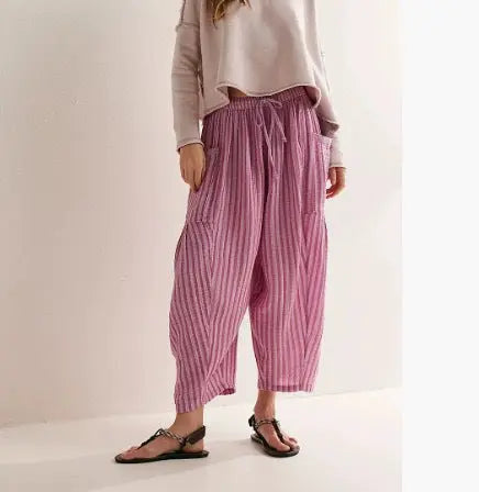 Striped Straight-leg Pants Elastic Waist Cropped Pleated Pants 