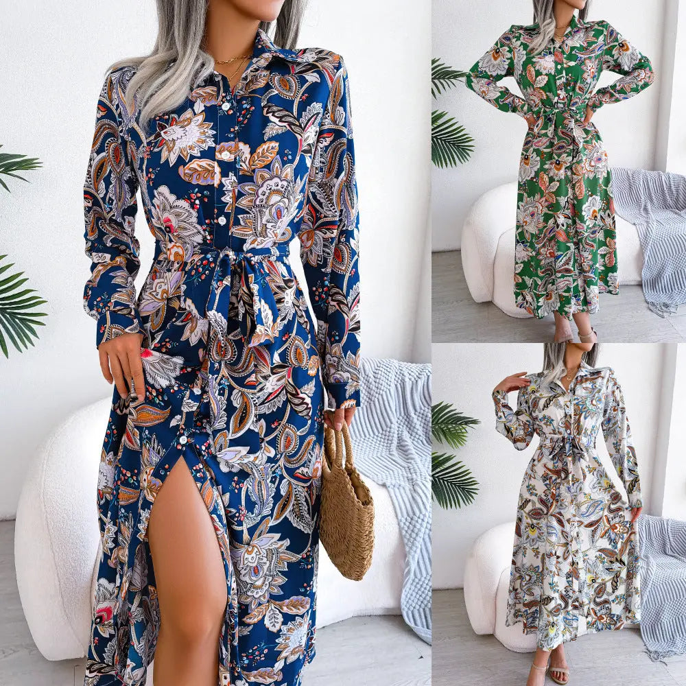 Retro Floral Stand Collar Belted Shirt Dress Long Skirt Women's Fashion Full Sleeve Regular Waistline Ankle-Length 