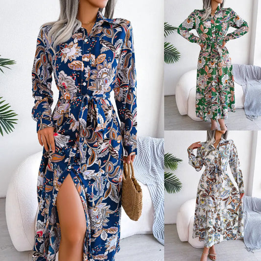 Retro Floral Stand Collar Belted Shirt Dress Long Skirt Women's Fashion Full Sleeve Regular Waistline Ankle-Length 