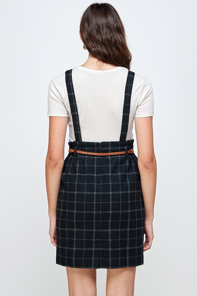 Plaid Suspender Skirt with Belt Detail