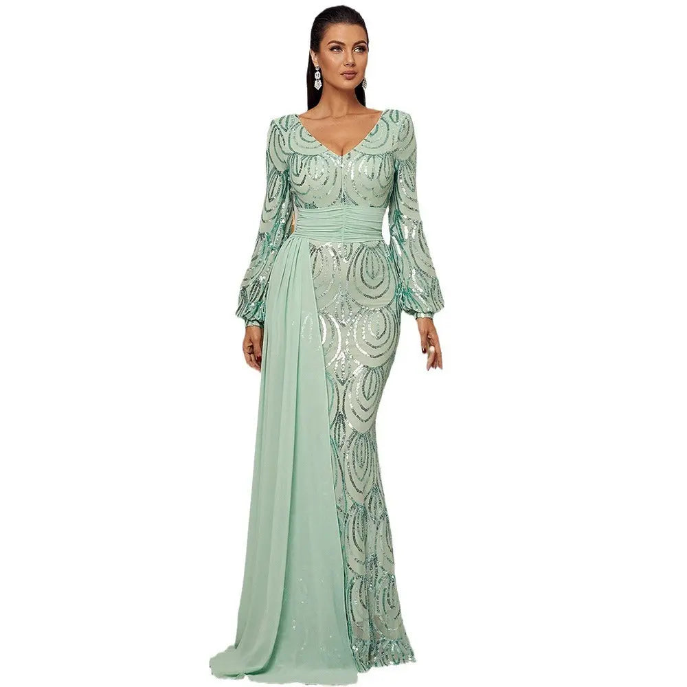 Long Sleeve Sexy Long Sequined V-neck Banquet Ribbon Evening Dress 