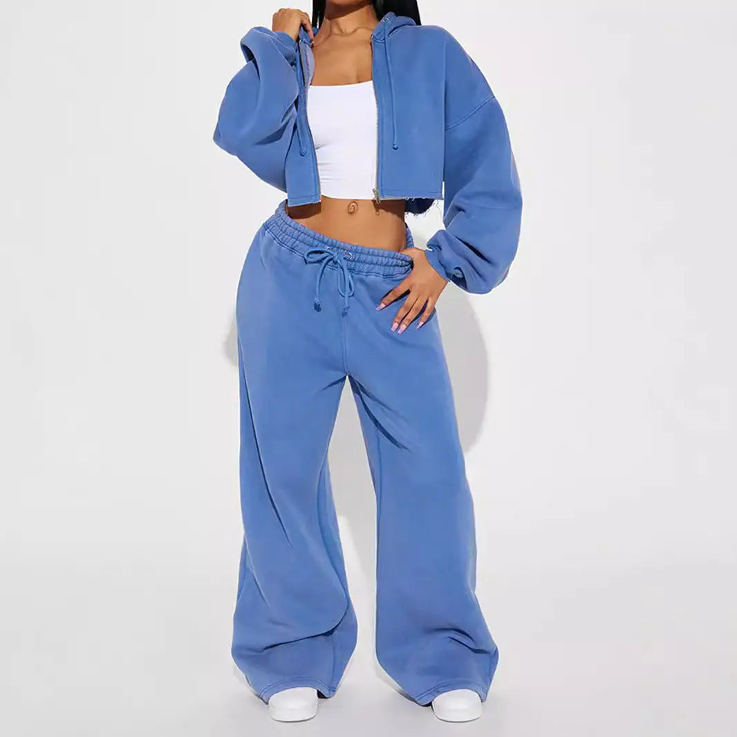 European And American Hooded Front Cardigan Zipper Sweater Wide Leg Loose Trousers Suit 