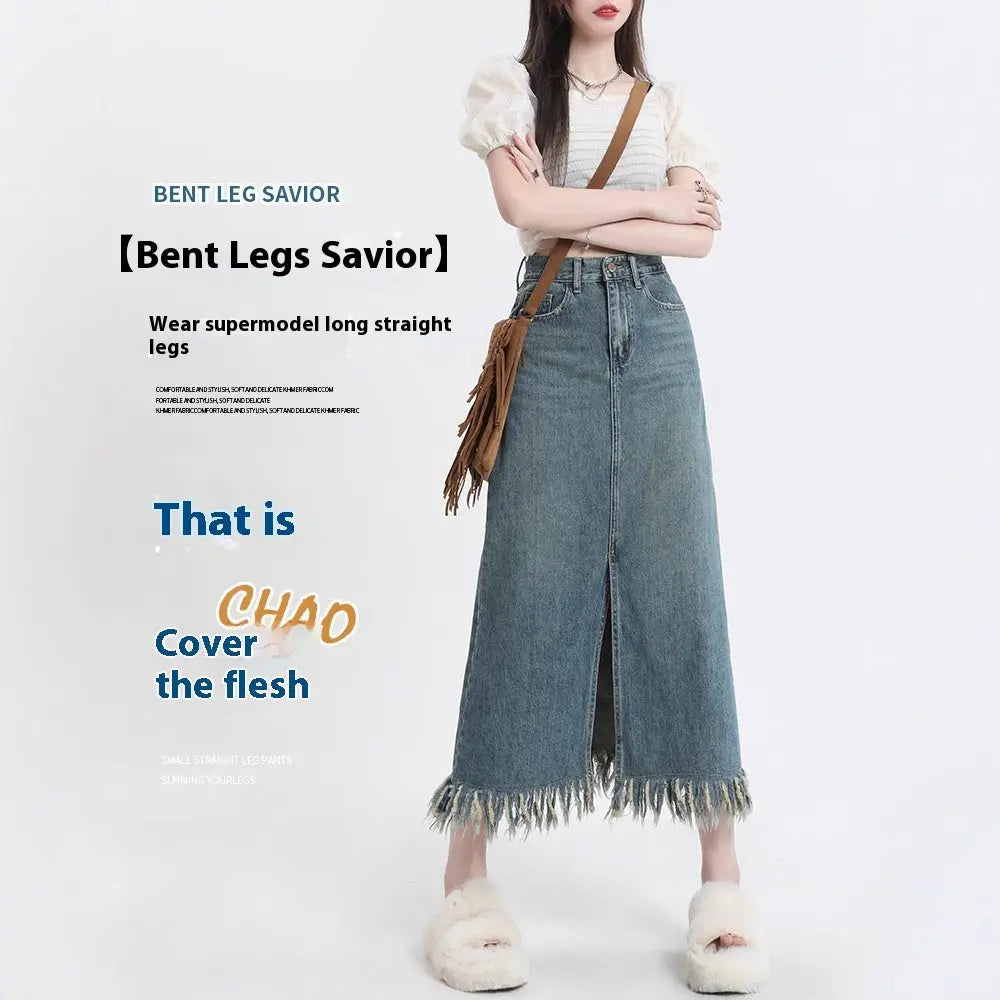 Retro Slit Denim Skirt Women's Tassel Mid-length Hip Skirt 