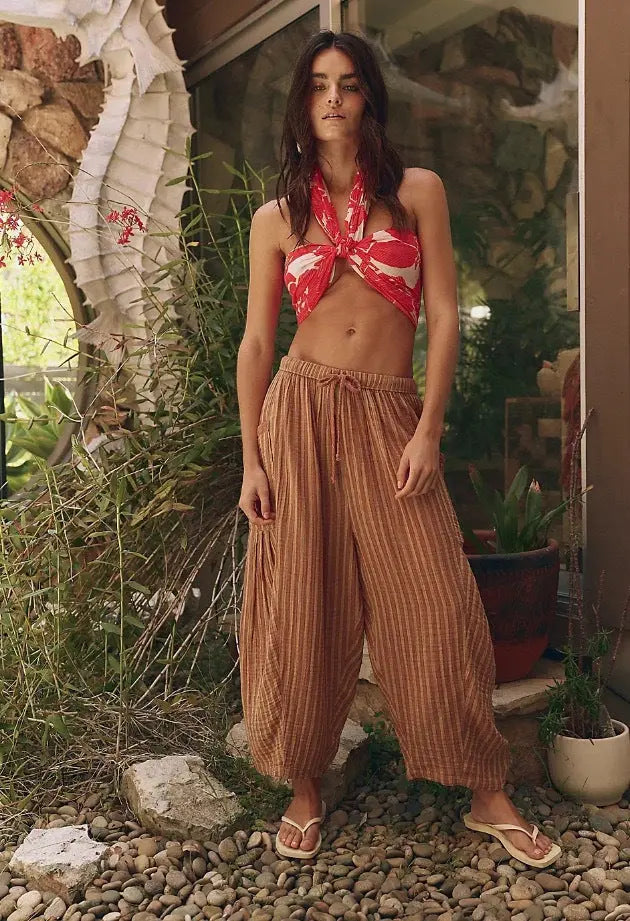 Striped Straight-leg Pants Elastic Waist Cropped Pleated Pants 