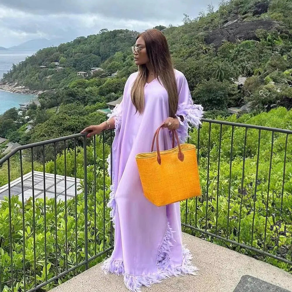 African Women's Loose Dress Luxury Fully Surrounded Light Feather Batwing Sleeve High Slit Robe 
