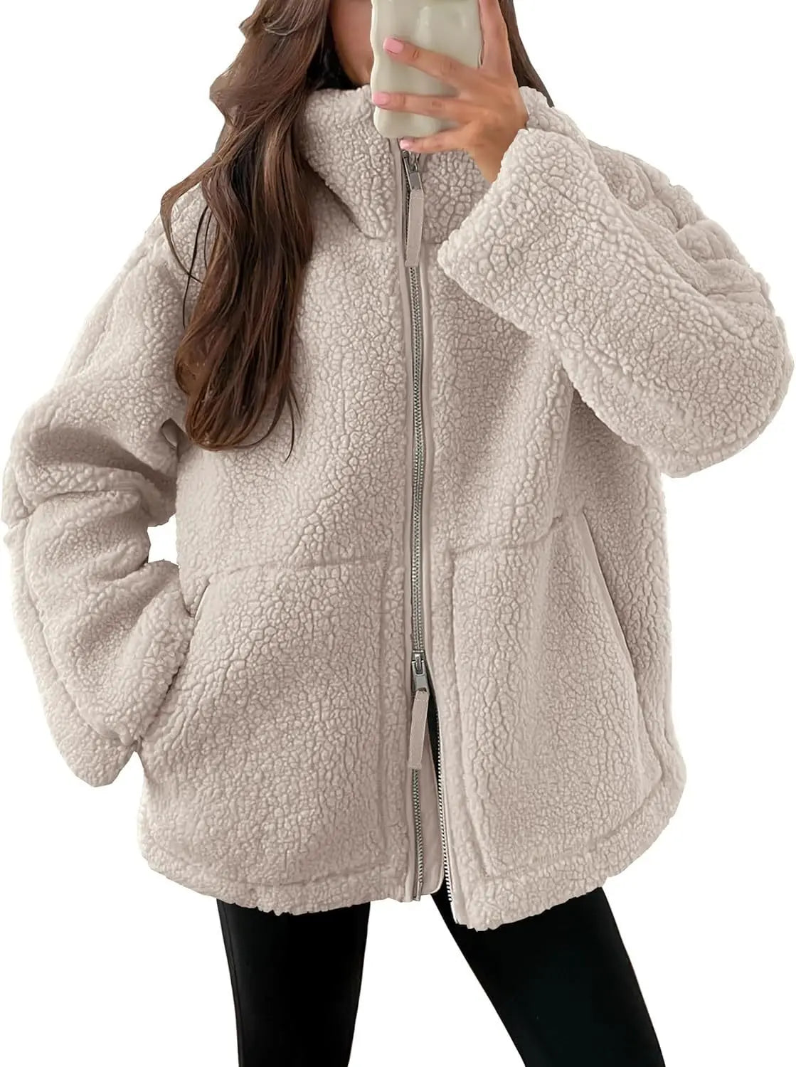 Winter Lapel Zip-up Coat With Pockets Casual Fashion 
