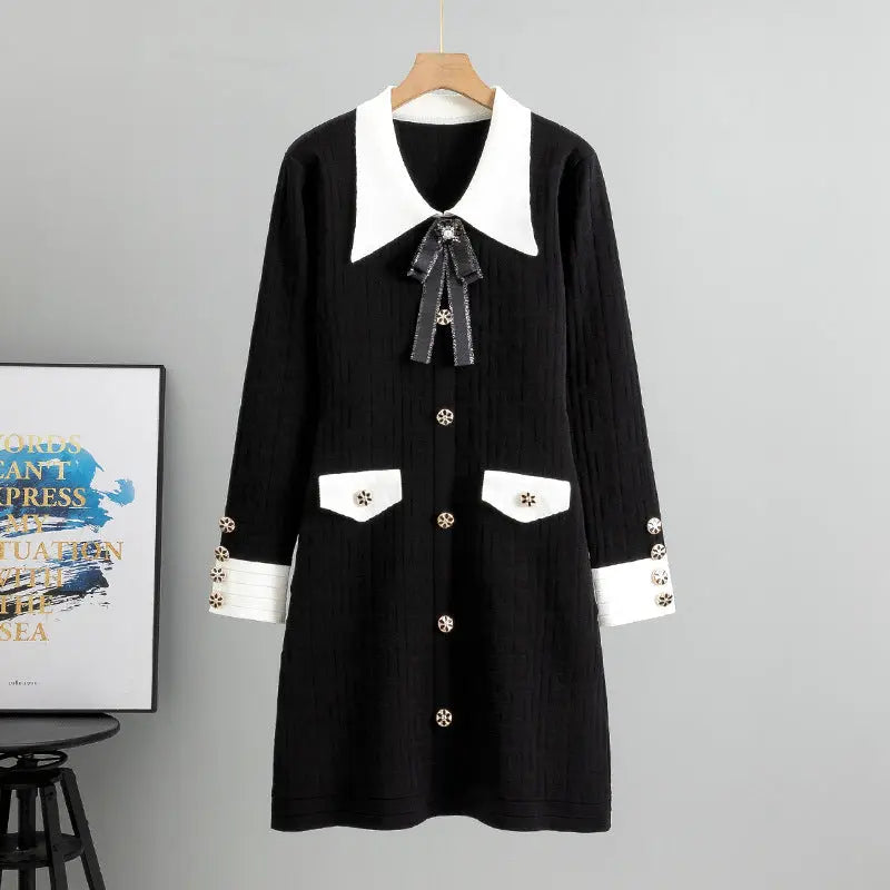 Ladies Bow Lapel Long Sleeve Knitted Dress 