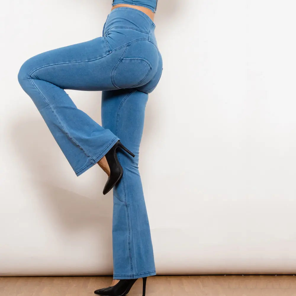 Shascullfites Melody Light Blue Flared Lift Jeggings Button Up Jeans Shaping Jeans Women High Waist Flare Jeans 