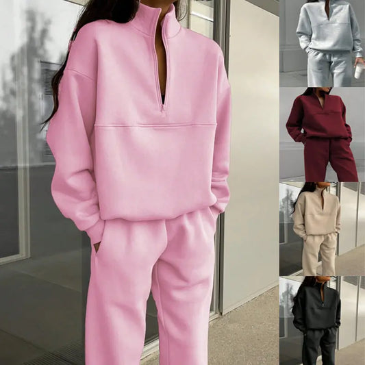 Long-sleeved Sports Sweatshirt Suit Fashion Stand-up Collar Zip-up Top And Elastic Band Trousers With Pocket Srping Fall Clothing For Women 