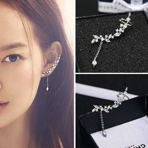 Leaf Tassel Ear Clip Diamond Stud Earrings