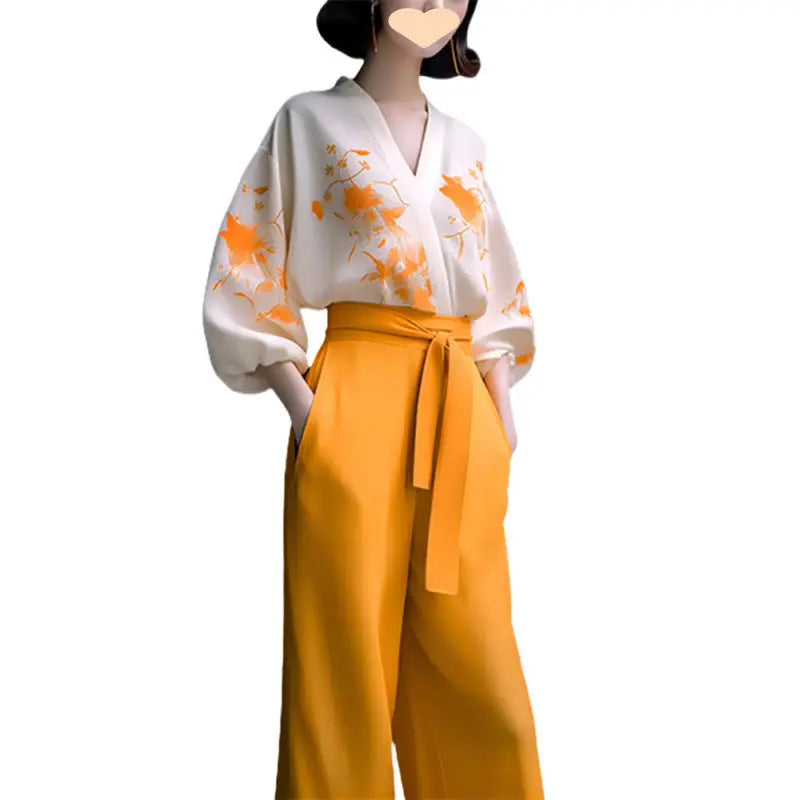 Fashionable Retro High-end Slimming Wear Flab Hiding Shirt Wide-leg Pants Suit Two-piece Set Women 