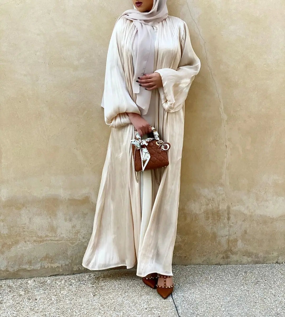 Eid Muslim Abaya Dress Kimono For Women Fashion Shining Silklike Summer Abayas Cardigan Puff Sleeve Dubai Turkey Clothes 