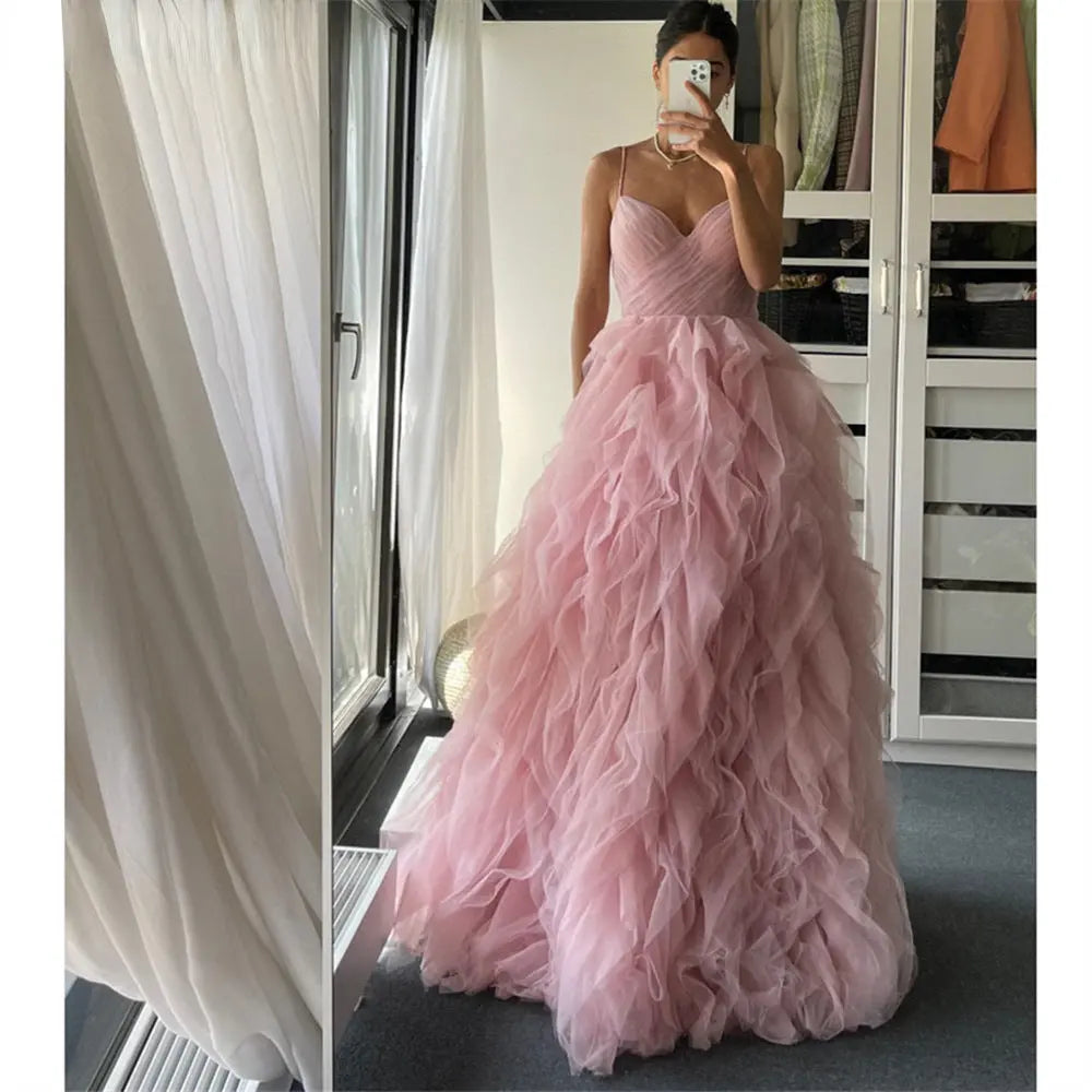 Evening Gown Prom Irregular Spaghetti-strap Mesh Long Dress 