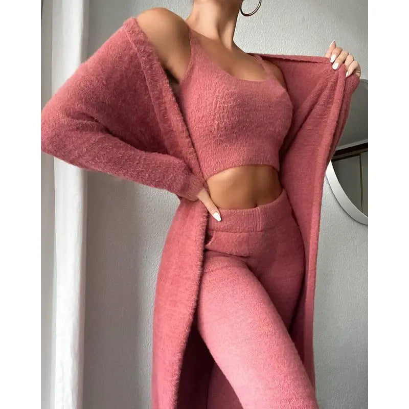 Cozy Pajama Set, 3 Piece Lounge Set, Cute Loungewear, Warm Suit Sets, Matching Set, Lounge Set, 3 Piece Pant Sets, Women Winter Dress 