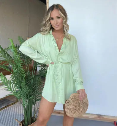 Women's Long Sleeve Jumpsuit With Button Fashion Shirt Dress 