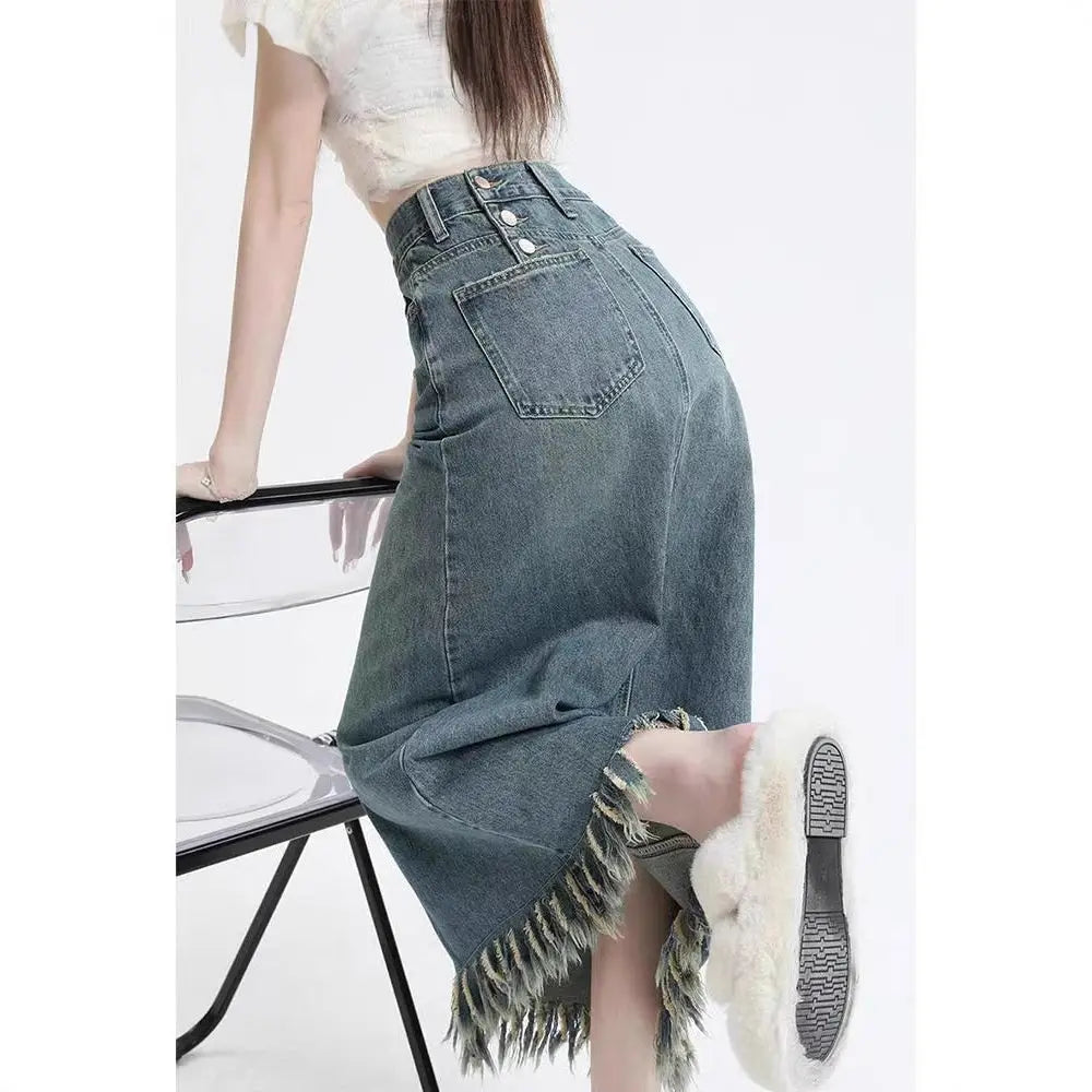 Retro Slit Denim Skirt Women's Tassel Mid-length Hip Skirt 