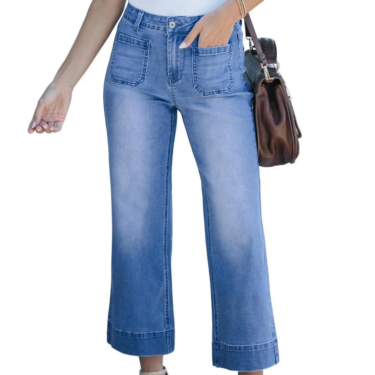 Slimming And Wide Leg Straight-leg Pants Washed Jeans Cropped Pants 