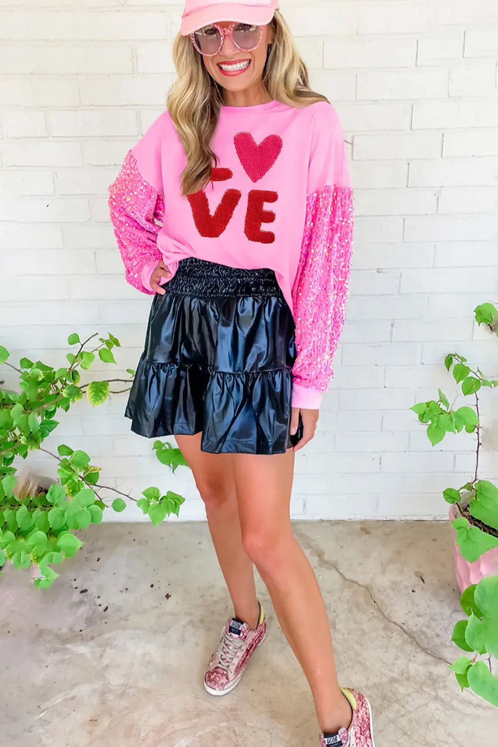 Pink Valentines LOVE Chenille Embroidered Sequin Sleeve Sweatshirt 