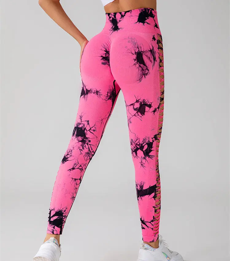 Hollow Tie Dye Printed Yoga Pants High Waist Butt Lift Seamless Sports Gym Fitness Leggings Slim Pants For Women Tight Trousers 