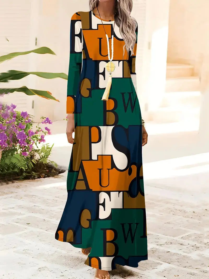European And American Long Sleeve Artistic Retro Geometric Printed Round Neck Pullover Dress 