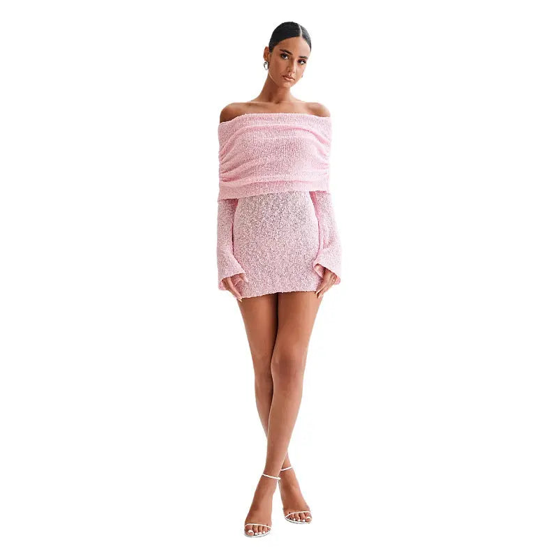Women's Spring Summer Knitted Dress Elegant Party Boat Neck Dress Infant Off Shoulder Bodycon Long Sleeve Fuzzy Short Club Chic Mini Dress 