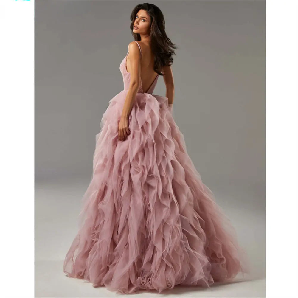 Evening Gown Prom Irregular Spaghetti-strap Mesh Long Dress 