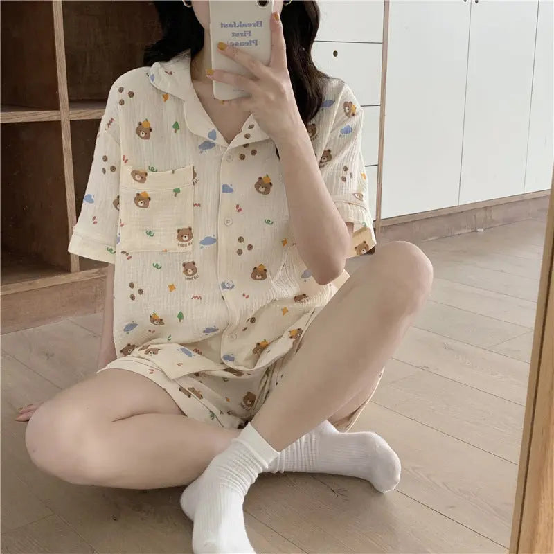 Pure Cotton Bear Head Loungewear Short Sleeve Cardigan Set 