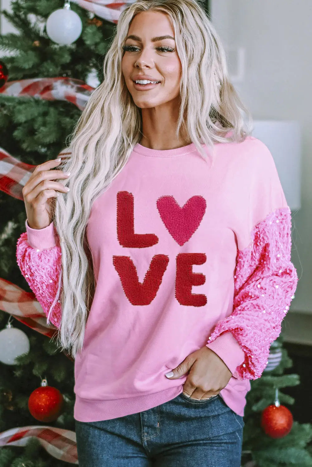Pink Valentines LOVE Chenille Embroidered Sequin Sleeve Sweatshirt 